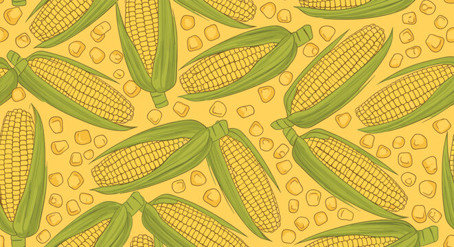 Seamless pattern featuring yellow corn on the cob with green husks and individual kernels on a warm orange background.