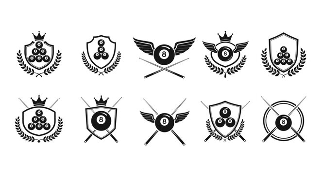 Set of ten monochrome billiard and pool logos featuring the eight ball, cues, wings, crowns, and laurel wreaths.