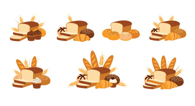 Selection of bakery-themed compositions with various breads, rolls, croissants, and wheat ears in a rustic style.