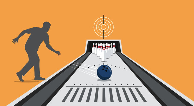 Bowling Player Silhouette Throwing Ball on Lane with Pins and Target
