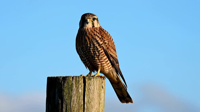 Brown kestrel bird perched on a wooden fence post.