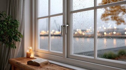 Fototapeta premium A window shows condensation with blurred city lights outside; a candle glows beside a plant, creating a cozy atmosphere