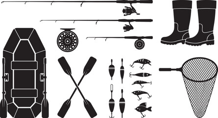 Fishing Gear, Inflatable Boat, and Angler Equipment Vector Silhouette Set © Open Expression