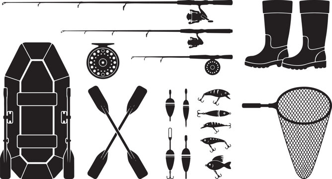 Fishing Gear, Inflatable Boat, and Angler Equipment Vector Silhouette Set