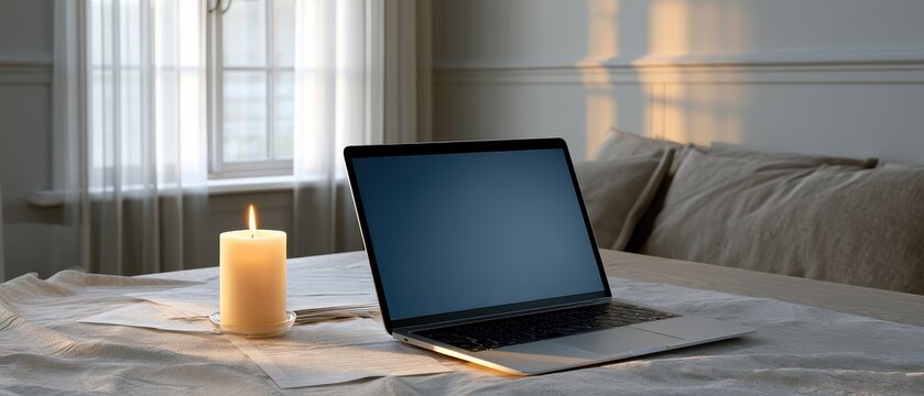 Home office has a laptop off, candle lit, and scattered papers as light hits empty walls during a power outage