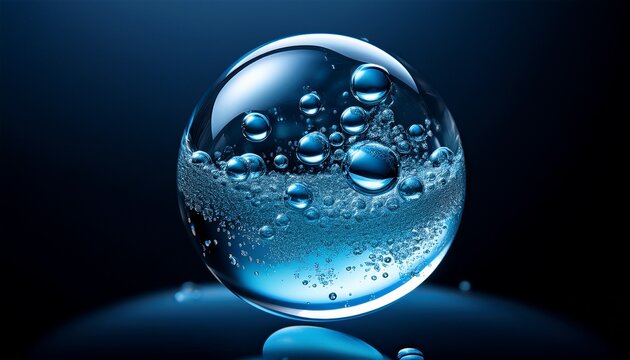 a macro shot of a clear blue tinted gel droplet with embedded bubbles on a black background