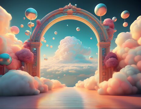 abstract surreal scene archway opening to a fluffy cloudscape surrounded by floating spheres