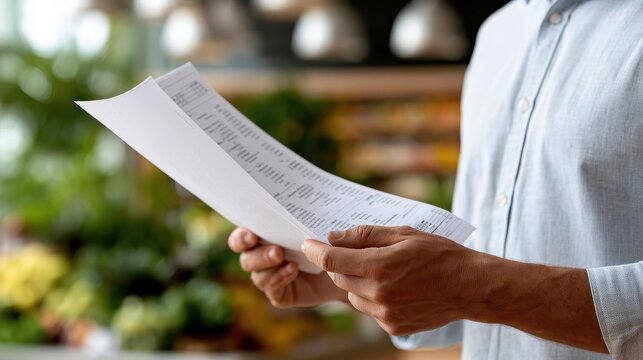 A hand is holding a grocery receipt with a detailed list and high total price clearly visible in a supermarket
