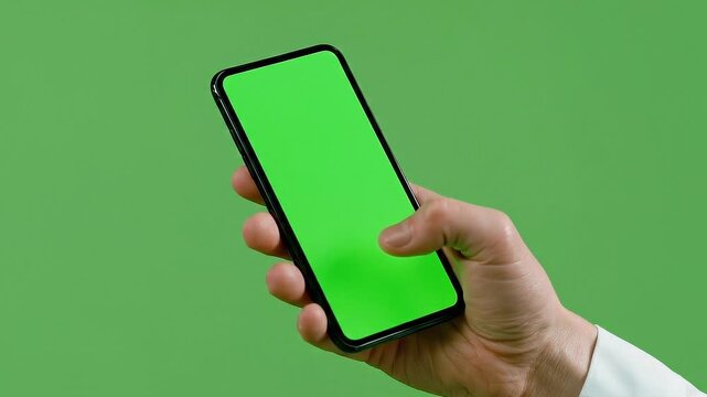 Close Up of Hand Holding and Using Smartphone with Green Screen Background.