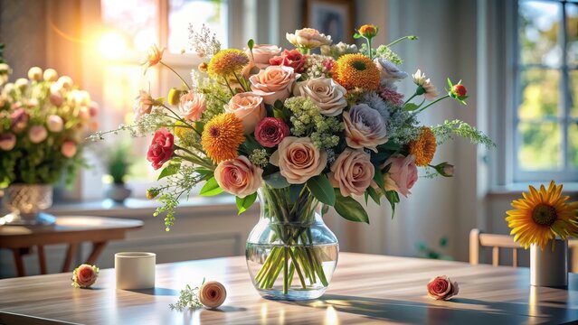 Ramo de flores sobre mesa blanca
