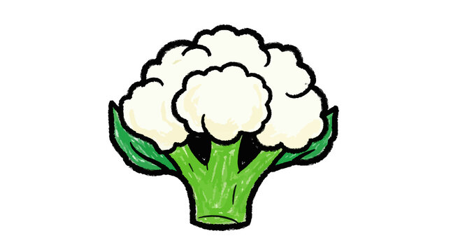 A cartoon cauliflower stands on a white and black striped background. The cauliflower has a fluffy white head and green stalks and leaves.