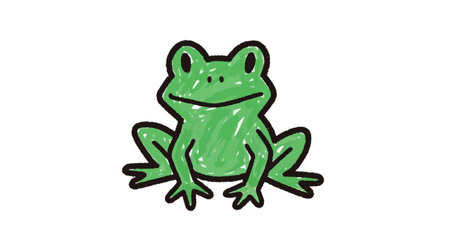 A cute green frog sits on a white and black striped background. The frog is depicted in a simple, cartoon style with bold outlines.