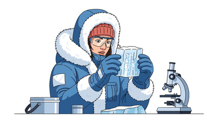 Arctic Researcher Examining Ice Sample: A scientist in a warm parka and goggles holds an ice core, examining its structure next to a microscope and research equipment. © Ahsan
