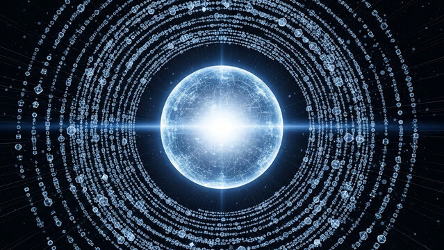 Abstract Digital Sphere with Glowing Data Rings and Particle Orbits