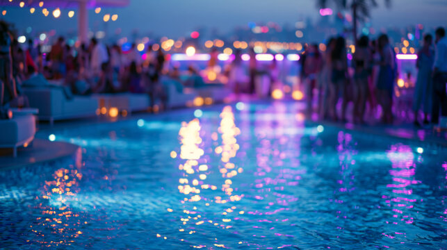 Blurred neon poolside party with blue water purple reflections lounge seating and city lights for summer lifestyle background use