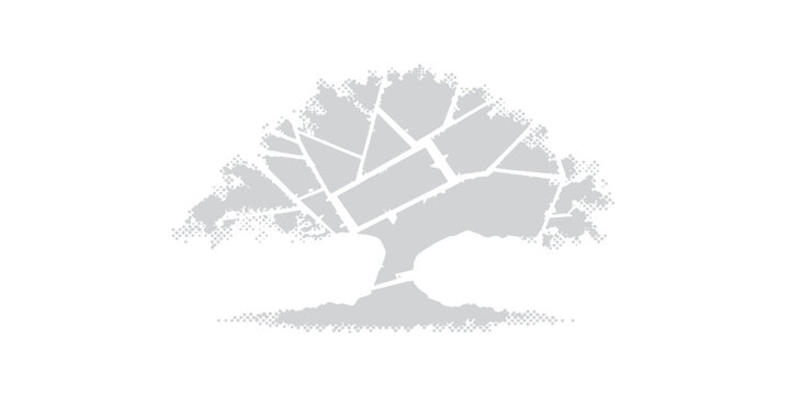 Black vector illustration of a tree silhouette with world map, globe, compass, clock and business symbols design