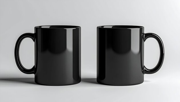 Two glossy, black ceramic mugs stand side-by-side on a white surface, simple and clean