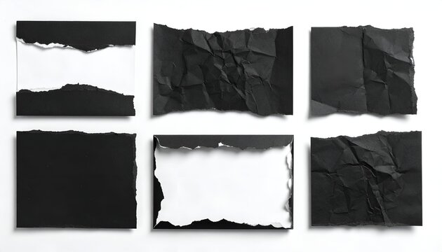 Six arrangements of black and white torn paper rectangles against a white background