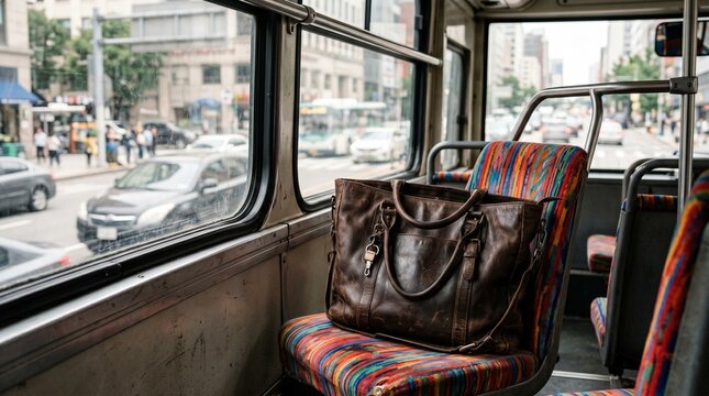 Candid empty bus seat with a personal bag, illustrating transient presence in urban transit (AI generated)