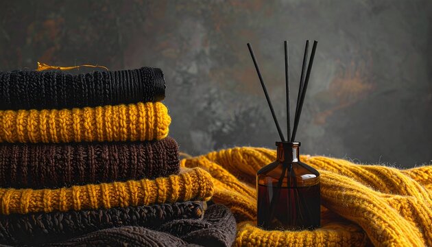 A cozy autumn scene, featuring stacked sweaters and an essential oil diffuser