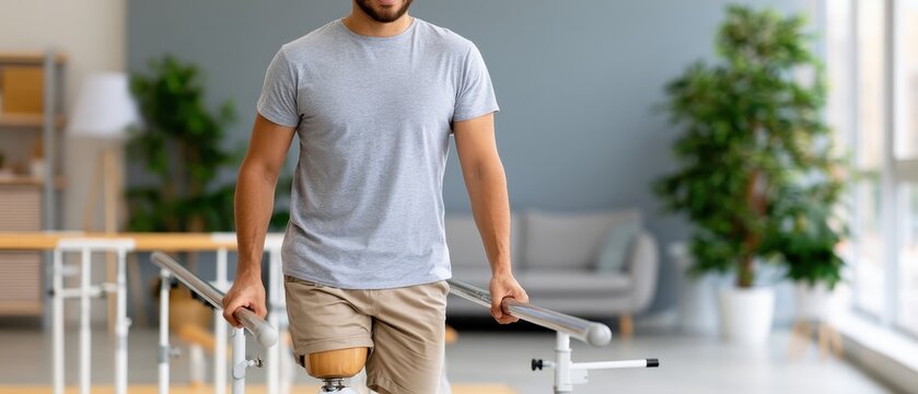 A man practices walking with a prosthetic limb at a rehab gym using parallel bars in a bright space designed for recovery and strength