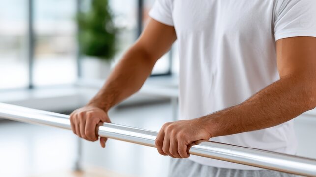 A hand holds a rehabilitation parallel bar, showing effort and focus during a therapy session in a calm area