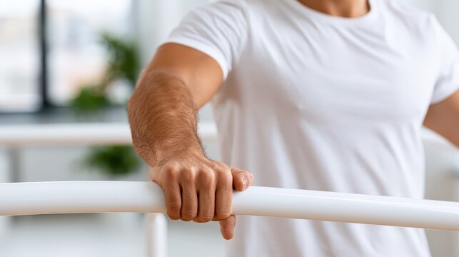 A hand holds onto a rehabilitation parallel bar, showing tension and effort during a therapy session in a neutral setting