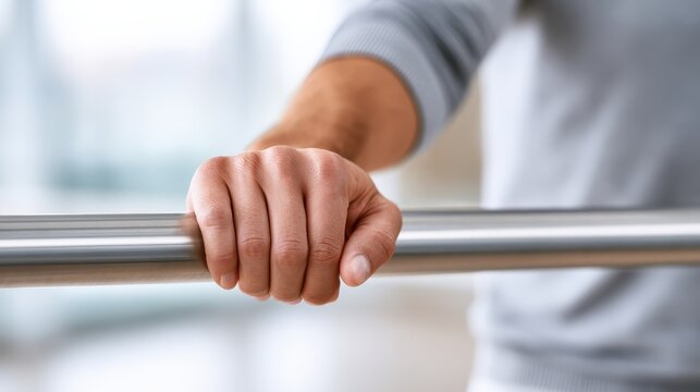 A hand holds onto a rehabilitation parallel bar, showing tension and effort during a therapy session in a neutral setting