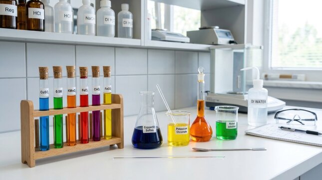 A scientist prepares a chemical experiment in a laboratory. The scientist is using a rack of test tubes filled with colorful solutions to conduct a titration.