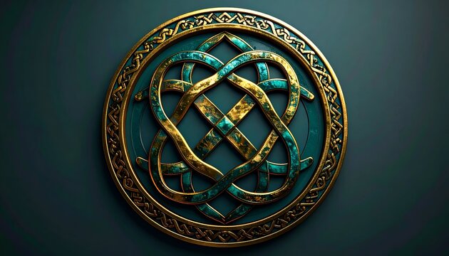 Intricate golden knotwork emblem on teal backdrop, in a circular frame