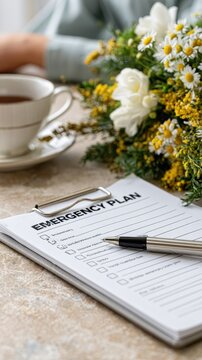 A checklist for an emergency plan with checked items lies on a table next to a pen and flowers in a bowl, showing readiness