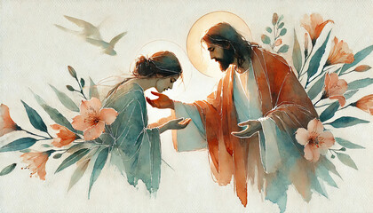 Jesus Blessing Woman with Flowers Christian Watercolor Illustration © Faith Stock