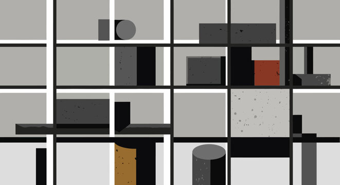 Geometric Abstract Art with Cubes and Cylinders in Grayscale