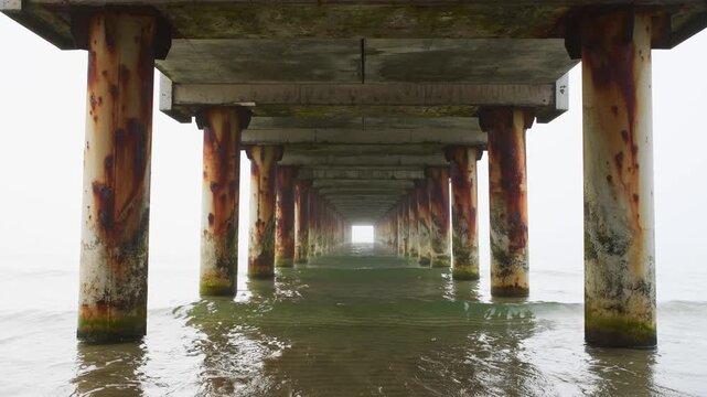 Rusted pier pillars supporting concrete structure over calm water under bright overcast sky
