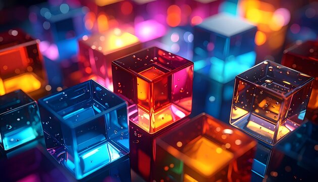 Cubes of varying colors and clarity float on a surface of blurred light