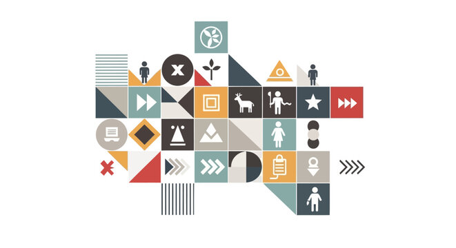 Abstract geometric pattern with icons representing people, nature, and technology