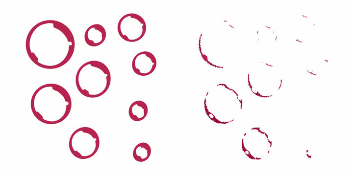 Wine ring stains collection of circular marks on white background