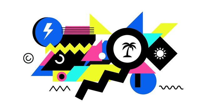 Retro 80s Memphis Design with Geometric Shapes and Icons