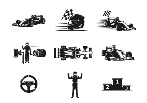 Monochrome vector motorsport elements racing cars, driver, pit crew, helmet, steering wheel, and winner's podium, perfect for speed concepts