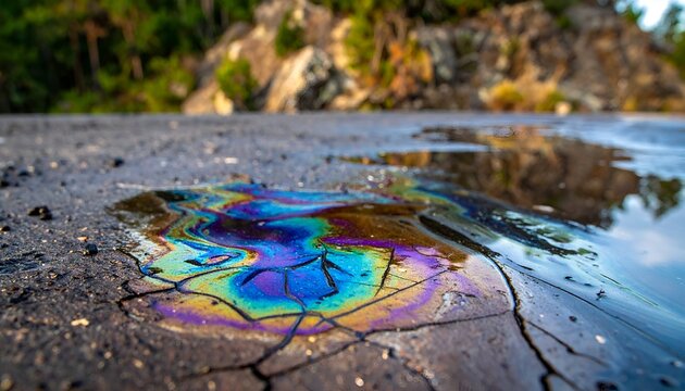 Close-up of rainbow oil slick on cracked asphalt with blurred rocks in the background