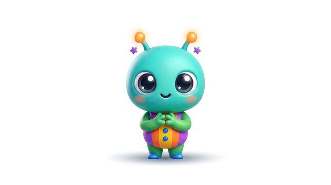 Cute Cartoon Alien Character Smiling With Delight on White Background