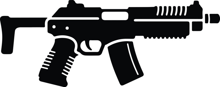 Silhouette vector of a modern submachine gun with tactical stock and extended magazine design