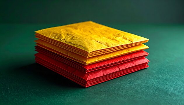 Stack of vibrant colored paper envelopes on a teal surface, with a blurred background