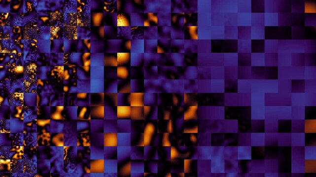 Dark, purple and orange mosaic pixels loop background.