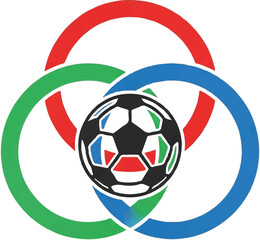 Obraz premium A minimalist design featuring three interlocking circles in red, green, and blue, forming the shape of a soccer ball in the center. minimalist flat vector artwork, clipart style, absolute solid