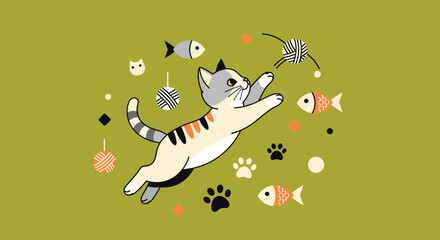 Cute Cat Playing with Yarn Ball and Fish Icons © Zayyan Ramadhan