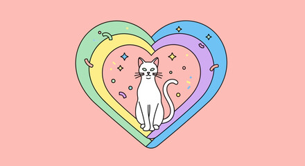 Cute White Cat Inside Pastel Rainbow Heart Illustration © Zayyan Ramadhan