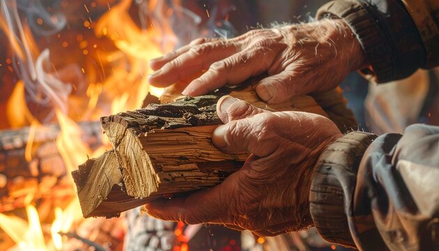 Close-up of elderly hands arranging firewood next to a crackling, burning fire
