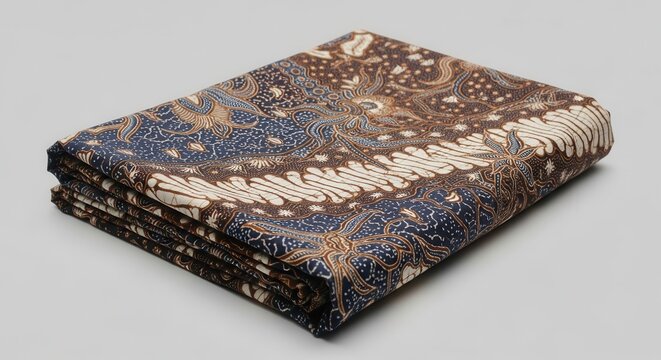 Folded traditional Javanese Batik fabric with intricate floral and geometric patterns.