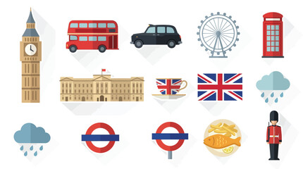 Collection of iconic London symbols and landmarks in a flat design style. © Terra
